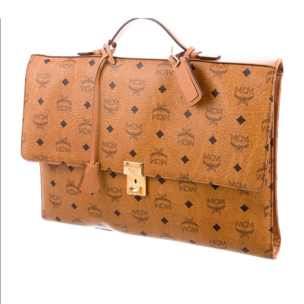 MCM Cognac Monogram Leather Briefcase with Gold Hardware